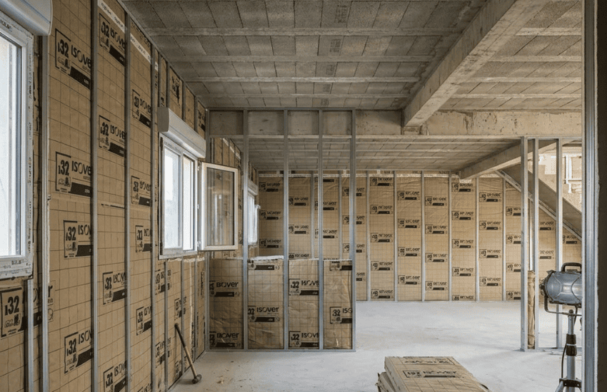 isolation des murs par l’intérieur avec ossature et isolant sur un chantier dans les Landes à Dax (40)